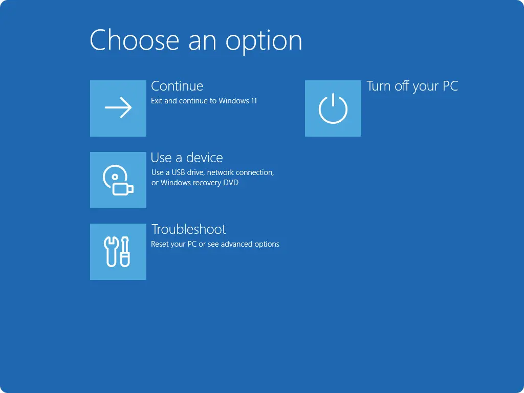 Écran Windows 11 25H2 montrant options de récupération/WinRE, interface système, problème de boot, dépannage PC