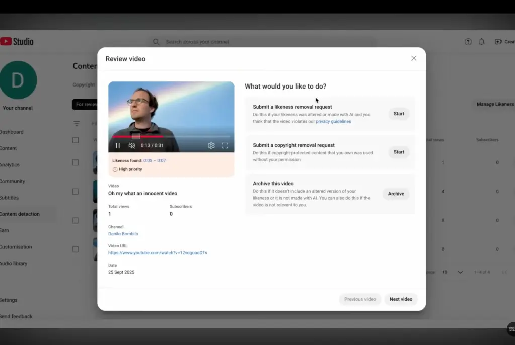 YouTube likeness detection: l’outil anti‑deepfake arrive pour les créateurs éligibles 2 youtube likeness detection demo screenshot