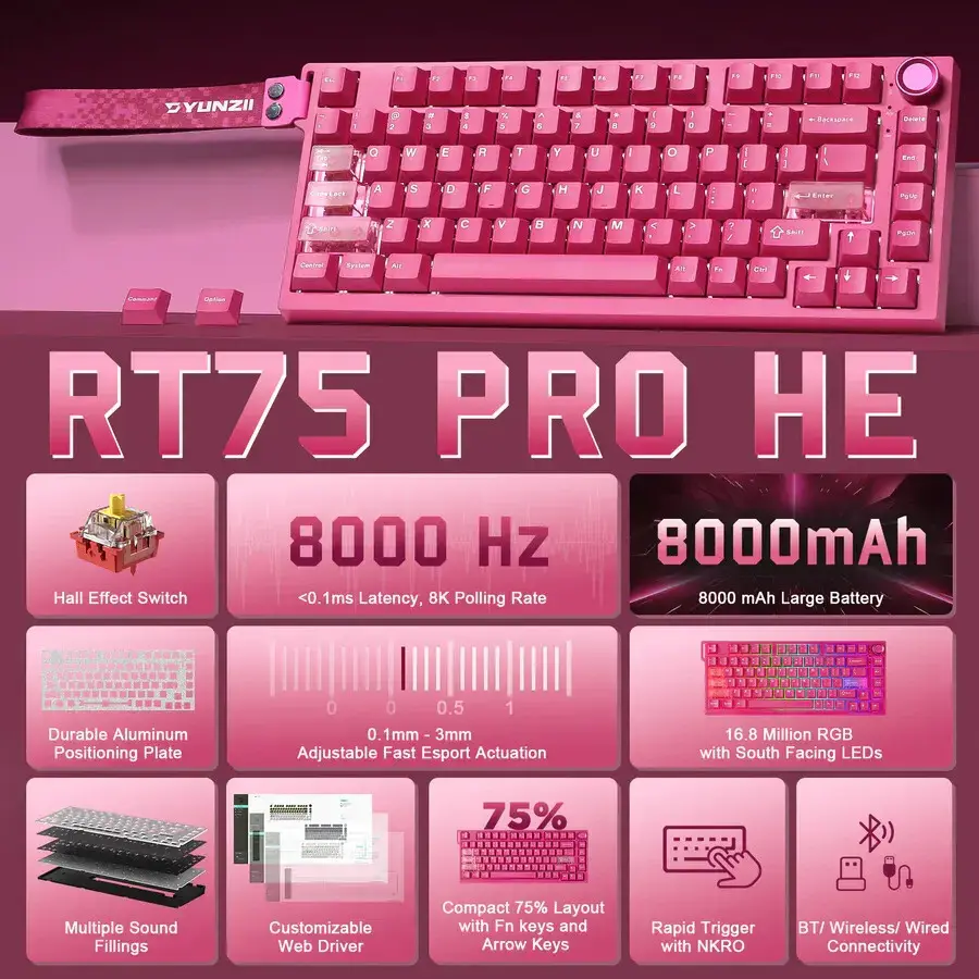 YUNZII RT75 PRO : clavier gaming Dual 8K, switches magnétiques et rapid trigger 4 YUNZII RT75 PRO clavier gaming Dual 8K, switches magnétiques, rapid trigger, layout 75%, keycaps PBT, rétroéclairage RGB