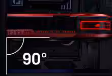 ASUS ROG Matrix RTX 5090 équipée du système Level Sense anti-affaissement, montrant le support alignant parfaitement la carte