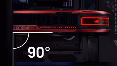 ASUS Level Sense : à défaut d’aligner le prix, la ROG Matrix RTX 5090 aligne l’angle 32 ASUS ROG Matrix RTX 5090 équipée du système Level Sense anti-affaissement, montrant le support alignant parfaitement la carte