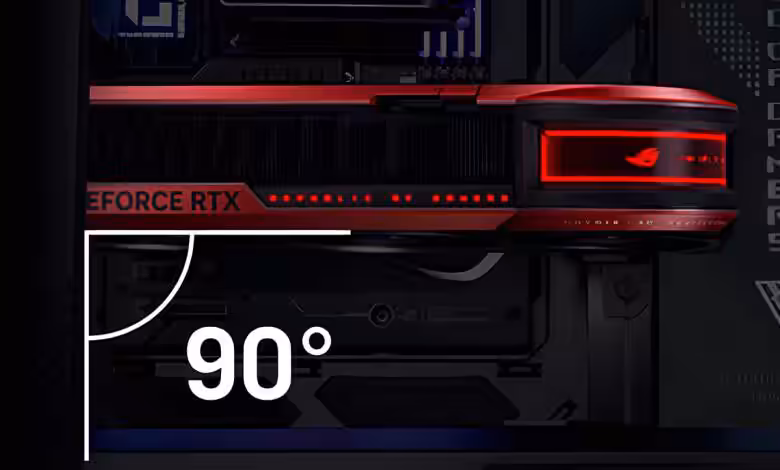 ASUS ROG Matrix RTX 5090 équipée du système Level Sense anti-affaissement, montrant le support alignant parfaitement la carte