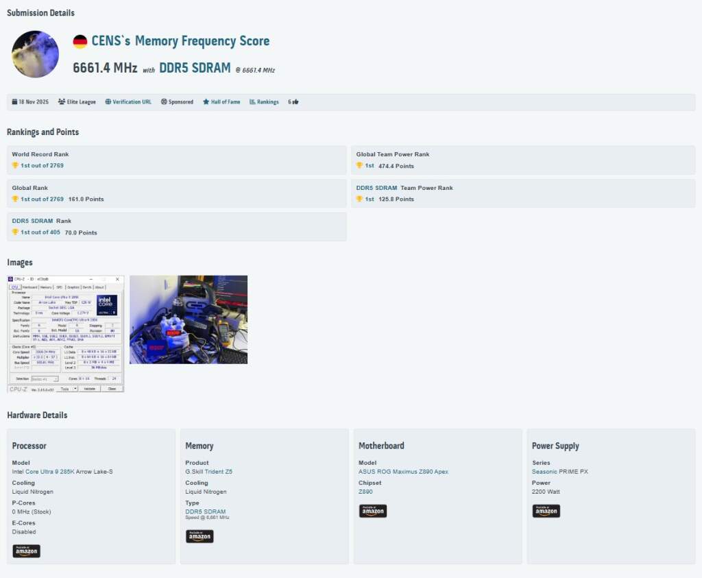 Record du monde DDR5 : G.SKILL et ASUS franchissent DDR5-13322 avec LN2 4 CENS`s 6661.4 MHz score Memory Frequency with aDDR5 SDRAM Google Chrome