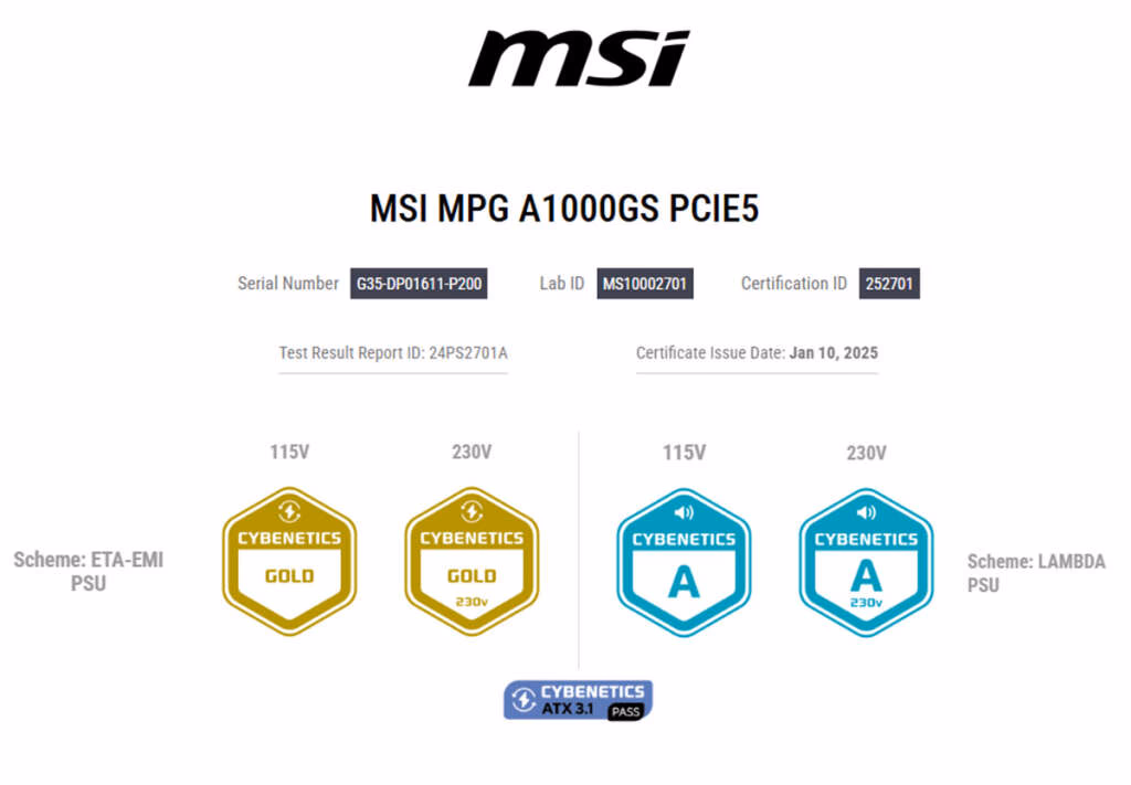 MSI MPG A1000GS cybenetics gold