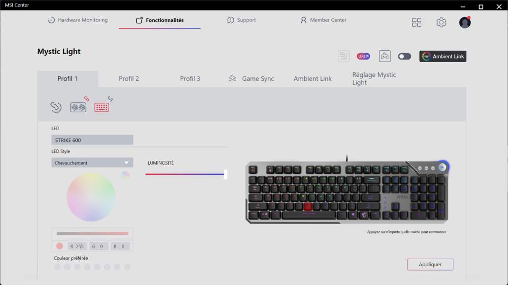 MSI STRIKE 600 logiciel éclairage
