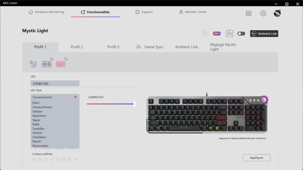 MSI STRIKE 600 logiciel éclairage modes