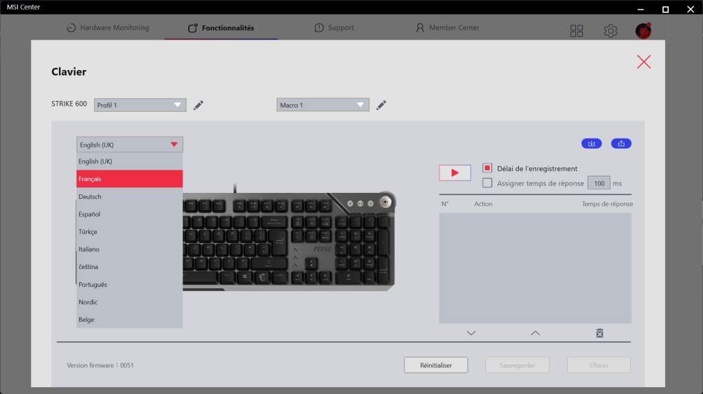 MSI STRIKE 600 logiciel langues