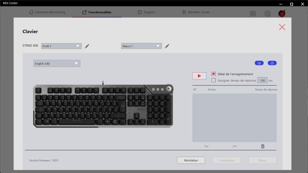 MSI STRIKE 600 logiciel paramètres clavier