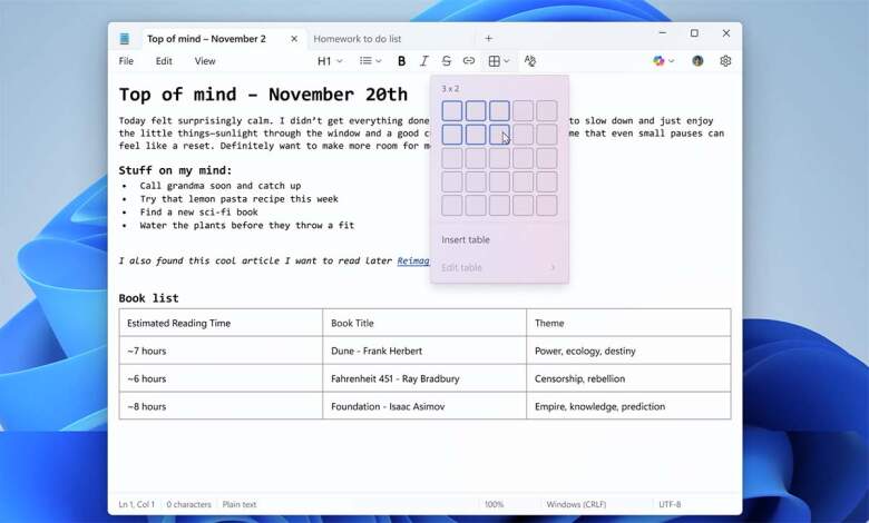 Notepad Tables windows 11