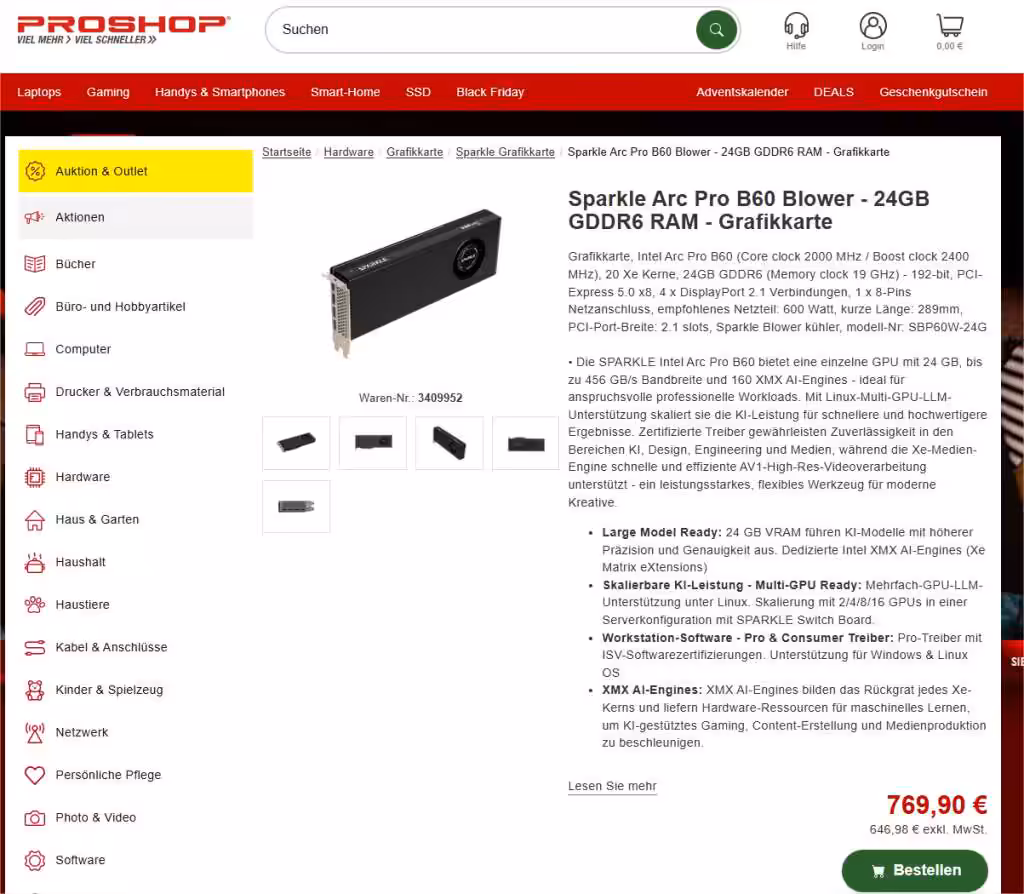 Sparkle Arc Pro B60 Blower 24GB GDDR6 RAM Grafikkarte Günstig Google Chrome