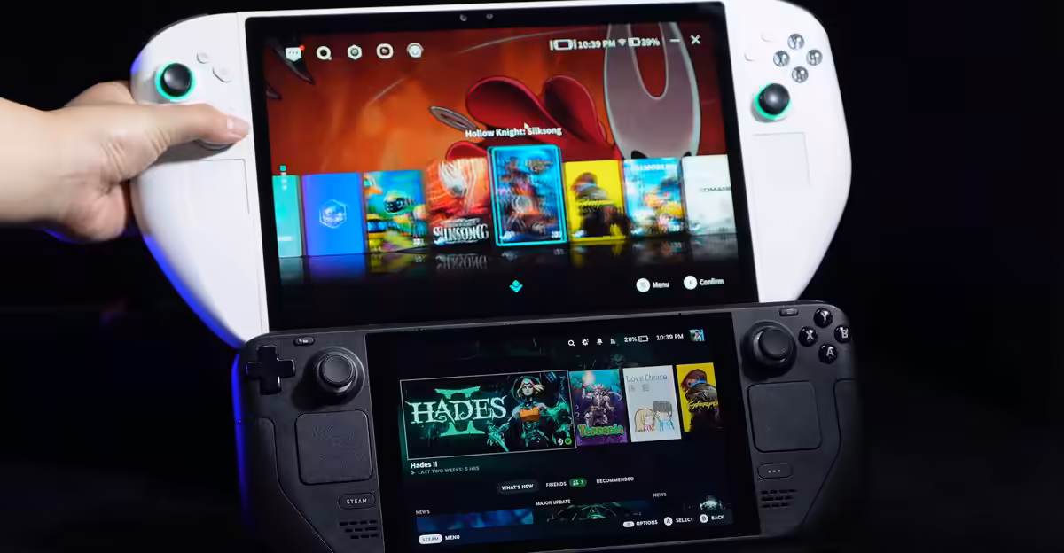 Abxylute 3D One : console géante Lunar Lake et 3D sans lunettes prévue mi‑novembre 4 Console portable Abxylute 3D One en gros plan, grand écran affichant 3D sans lunettes, design gris avec boutons et joysticks,