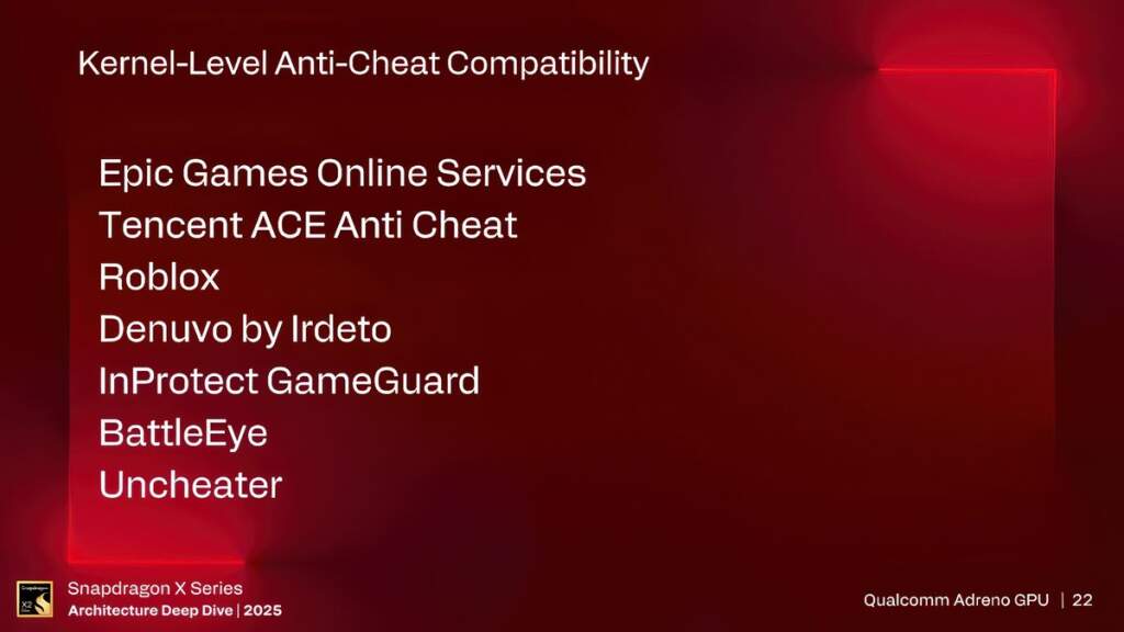 Diapositive montrant le GPU Adreno X2 de Qualcomm avec indicateurs de performance jusqu’à 2,3× et 90 % de compatibilité logic