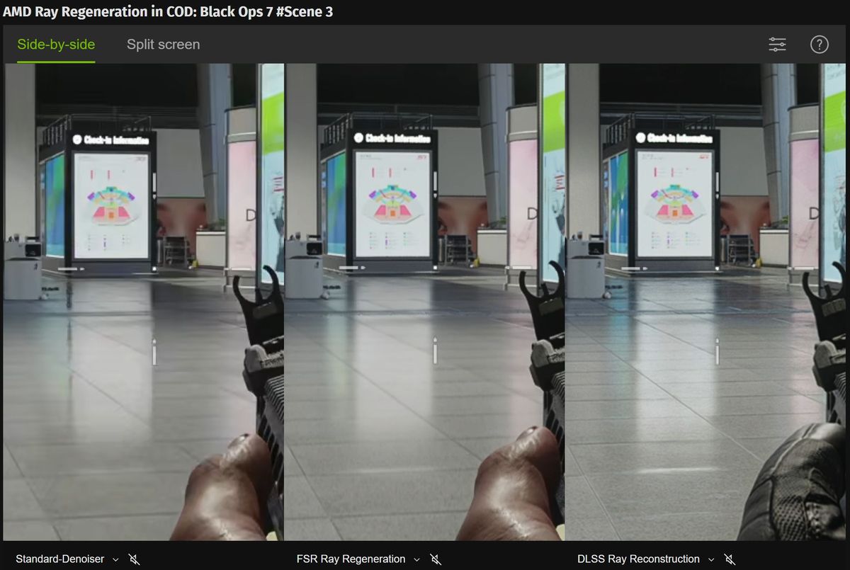 AMD FSR Ray Regeneration face à DLSS RR : premiers tests sur Black Ops 7 4 Comparaison visuelle AMD FSR Ray Regeneration et NVIDIA DLSS RR dans Black Ops 7 montrant différences de netteté et d'artefac