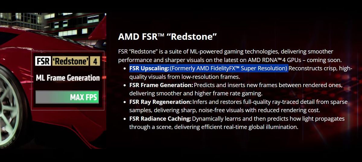 Interface et rendu comparatif montrant AMD FSR (renommé) et pack Redstone optimisé pour RDNA 4 avec upscaling visuel