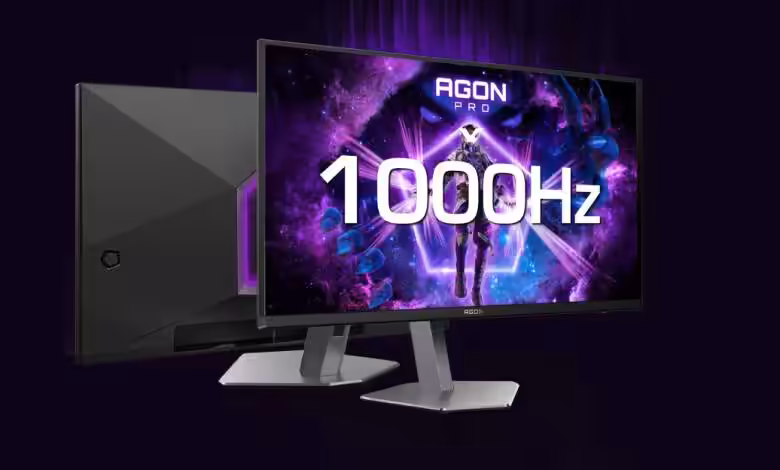 Moniteur AOC AGON de 27 pouces affiché de face, mentionnant rumeurs 5K 165 Hz et mode FHD 1000 Hz, éclairage gaming, design n