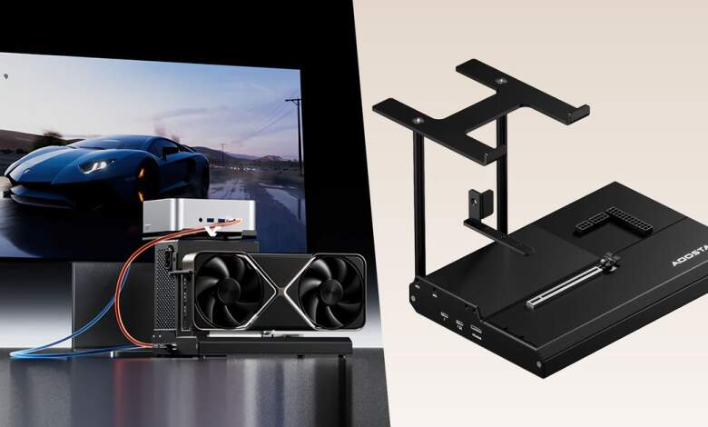 Vue du dock eGPU AOOSTAR EG02 avec connecteurs Thunderbolt 5 et OCuLink, boîtier compact et ventilé, ports visibles