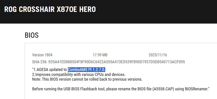Carte mère ASUS AM5 800 montrant le BIOS AGESA 1.2.7.0 affiché, compatible avec APUs Zen 5 à venir