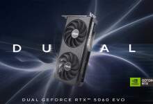 Carte graphique ASUS GeForce RTX 5060 EVO Dual 8GB vue de dessus montrant PCB raccourci et connecteur PCIe 5.0 x8 inédit