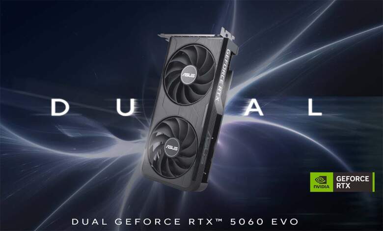 ASUS Dual RTX 5060 EVO : PCB raccourci et connecteur PCIe 5.0 x8 inédit au catalogue 1 Carte graphique ASUS GeForce RTX 5060 EVO Dual 8GB vue de dessus montrant PCB raccourci et connecteur PCIe 5.0 x8 inédit