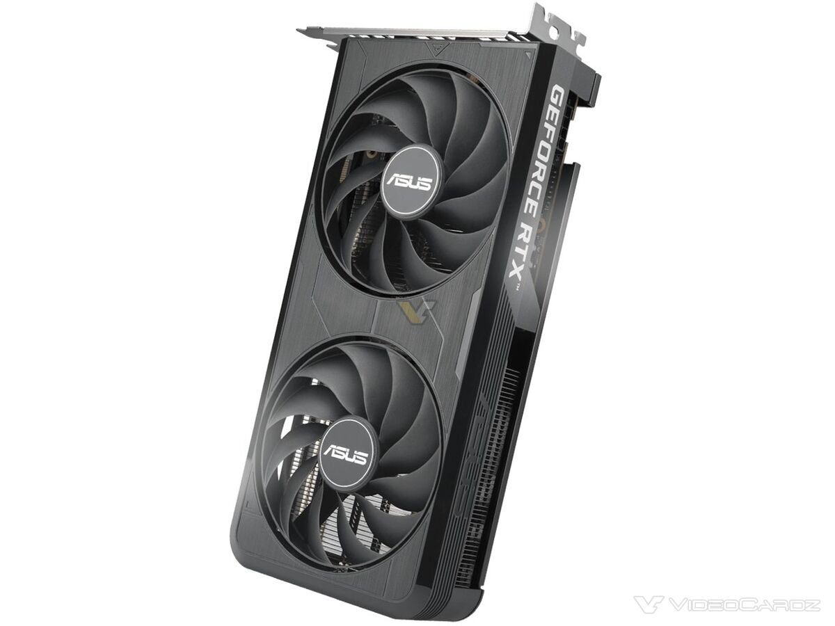 ASUS Dual RTX 5060 EVO : PCB raccourci et connecteur PCIe 5.0 x8 inédit au catalogue 4 Carte graphique ASUS GeForce RTX 5060 EVO vue de côté montrant PCB raccourci, dissipateur et connecteur PCIe 5.0 x8 innovant