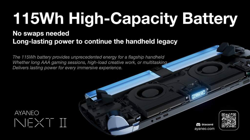 Vue de l'AYANEO Next 2 montrant le châssis et l'écran OLED 9" avec mention du processeur Ryzen AI Max+ 395 et de la batterie