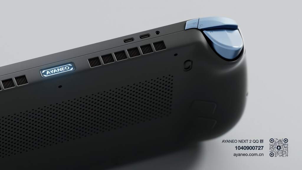 Vue de l'AYANEO Next 2 montrant la console portable avec APU Ryzen AI Max+ 395, écran OLED 9 pouces et clavier intégré