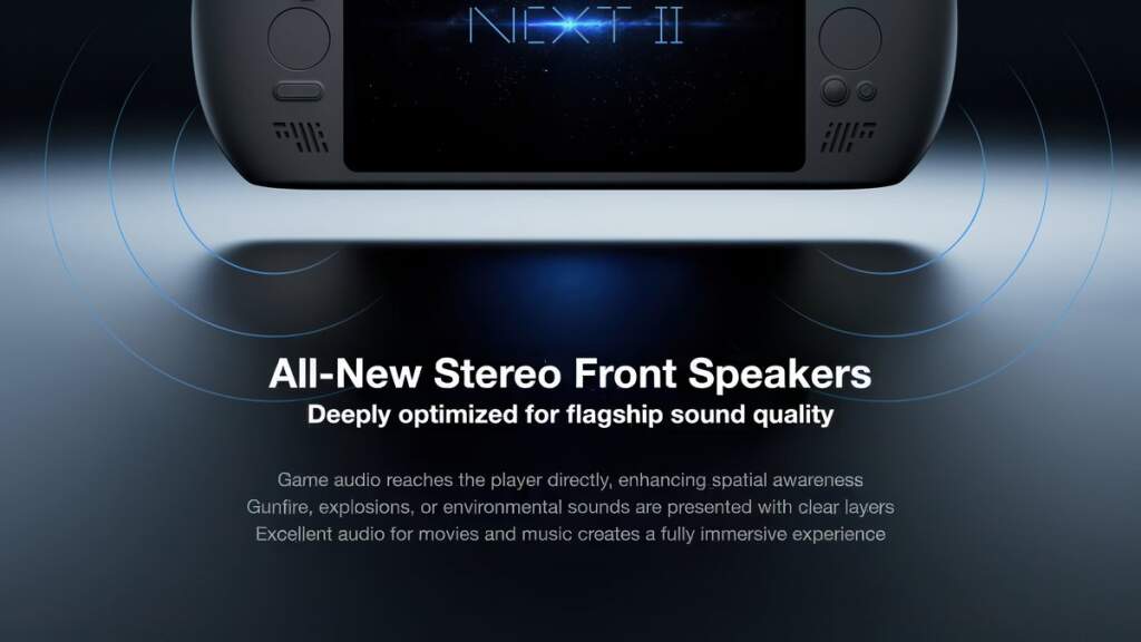 Vue du AYANEO Next 2 montrant l'écran OLED 9 pouces, clavier et châssis, équipé de l'APU Ryzen AI Max+ 395 et batterie 115 Wh