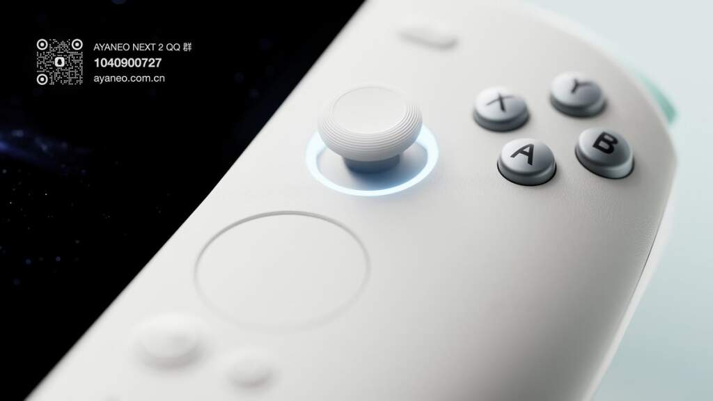 Vue du AYANEO Next 2 affichant son design compact, écran OLED 9 pouces et mention du processeur Ryzen AI Max+