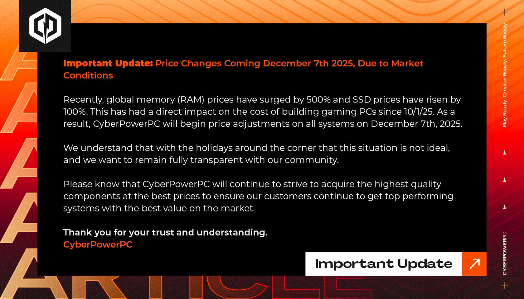 Tour PC préassemblée CyberPowerPC ouverte montrant carte mère, modules DRAM, ventilateurs et alimentation pour gaming