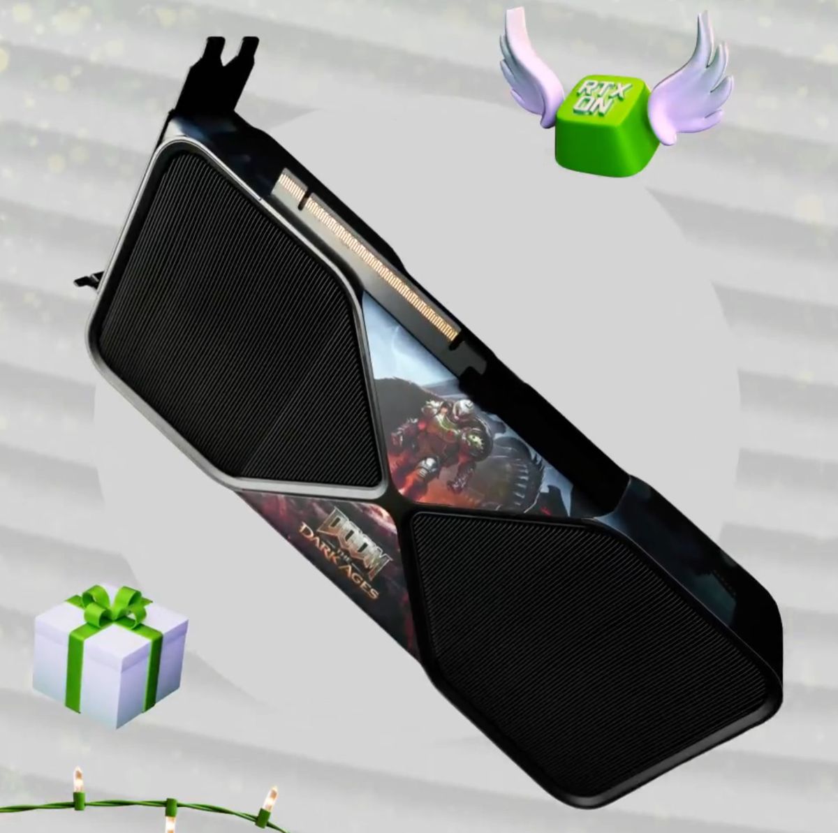 GeForce RTX 5090 DOOM The Dark Ages : NVIDIA offre une nouvelle carte collector 2 Vue de face de la GeForce RTX 5090 édition DOOM The Dark Ages, carte graphique collector NVIDIA avec design thématique et ven