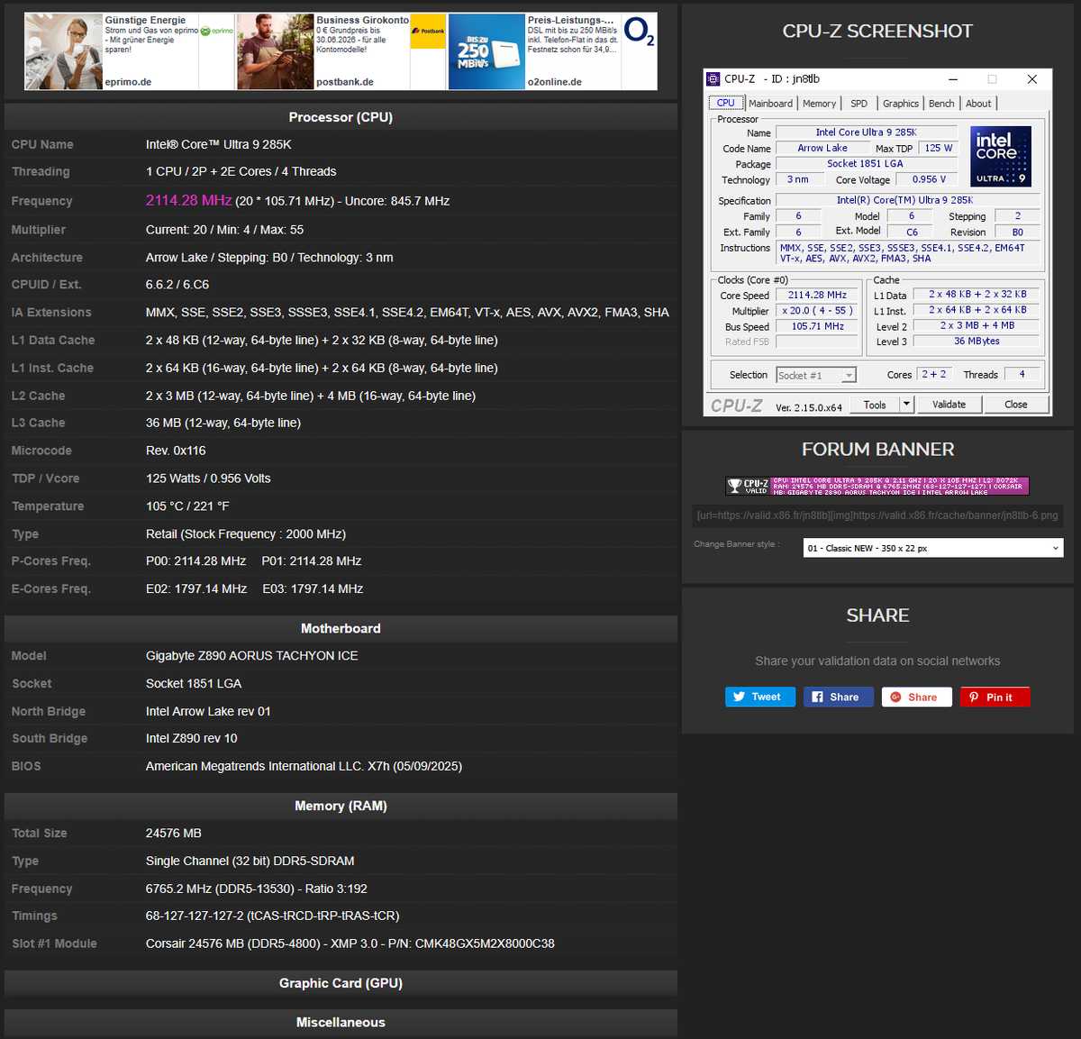 Vue du bench GIGABYTE Z890 AORUS TACHYON ICE lors du record DDR5-13530 MT/s, modules mémoire et écran montrant la fréquence O
