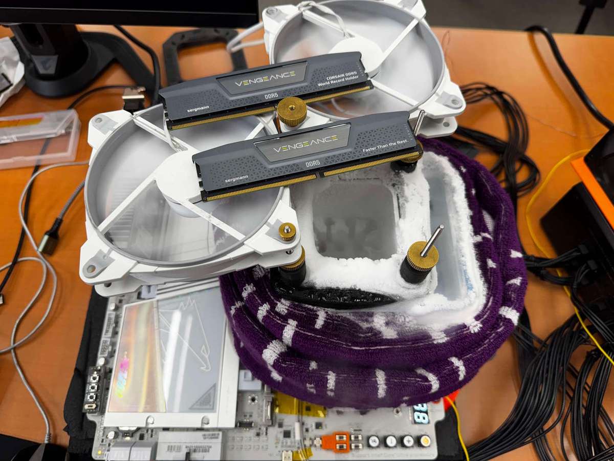 Module mémoire DDR5 overclocké à 13 530 MT/s sur une carte mère GIGABYTE Z890 AORUS TACHYON ICE, vue rapprochée du module et