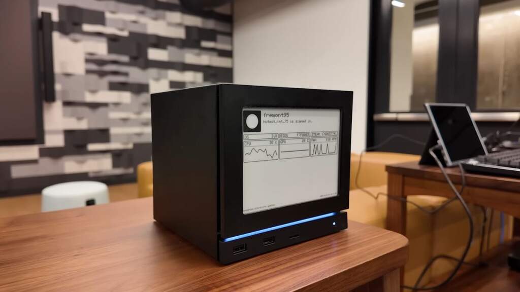Vue de la Steam Machine montrant panneaux E Ink et écran LCD préparés par JSAUX, prototype présenté pour sortie 2026