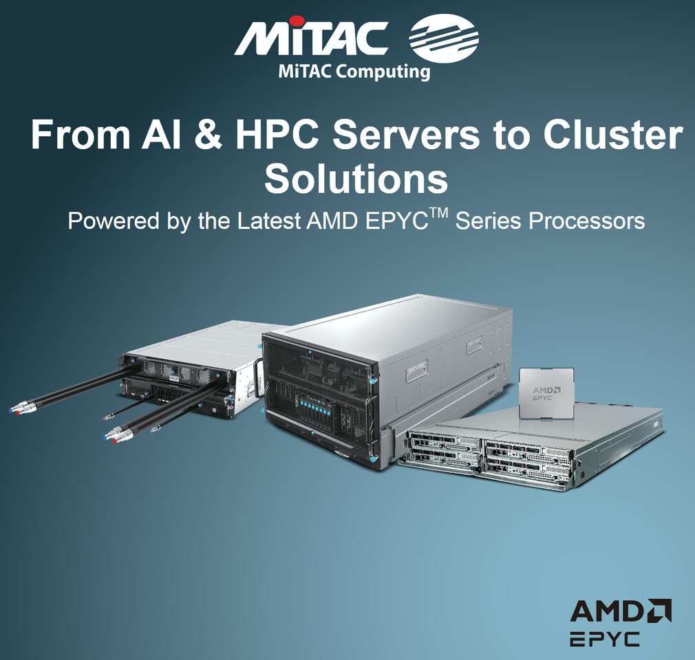 Baies serveur MiTAC MI355X rack HPC IA avec dissipateurs, refroidissement liquide, ventilateurs et câblage dans centre de données