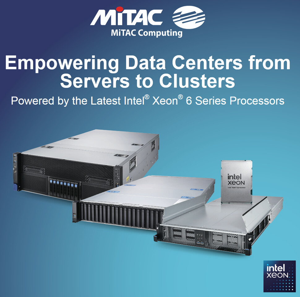 Serveur rack MiTAC MI355X avec refroidissement liquide, cartes GPU HPC/IA, baie de serveurs pour supercalcul et data center