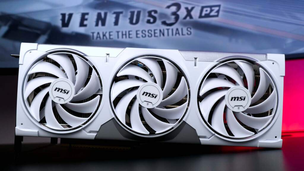 msi rtx 5070 ti ventus 3x pz vue de face 3 ventilateurs finition blanche argentée