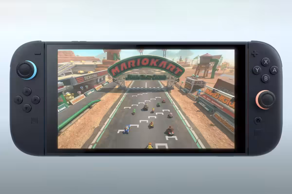 Nintendo Switch 2 posée sur un bureau, vue de face avec Joy-Con, illustrant l’article sur 10,36 millions vendues et l’objecti