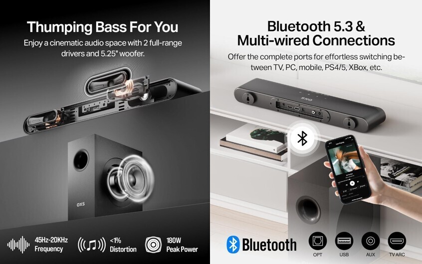 Barre de son OXS S21 2.1 avec caisson, 240 W, 45 Hz, HDMI ARC, audio home-cinéma compact