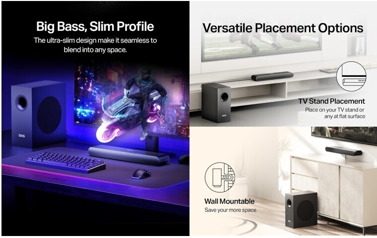 Barre de son OXS S21 2.1 avec caisson, 240 W, basses 45 Hz, HDMI ARC, design compact pour TV et home cinéma