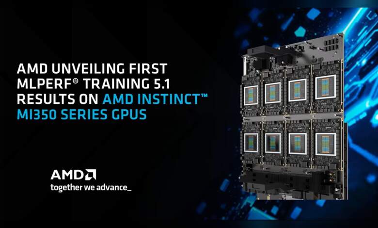 AMD Instinct MI350 : premiers scores MLPerf 5.1 et gros bond en entraînement IA 1 Cartes accélératrices AMD Instinct MI350 pour AI/ML montrant refroidissement passif et connecteurs HPC, performances MLPerf 5.1 en entraînement