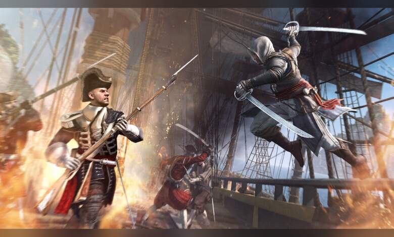 Assassin’s Creed Black Flag : le remake viserait une sortie d’ici mars 2026 1 Capture promotionnelle d'Assassin’s Creed Black Flag sur PC/console montrant bateau pirate, océan détaillé, textures haute résolution, éclairage dynamique, rendu GPU, effets de particules