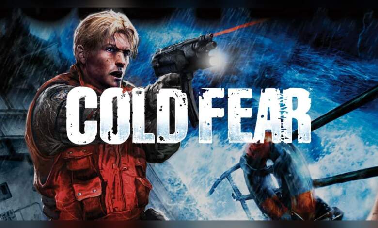 Screenshot jeu Cold Fear sur PC montrant interface HUD, textures marines, éclairage volumétrique et détails d'armes