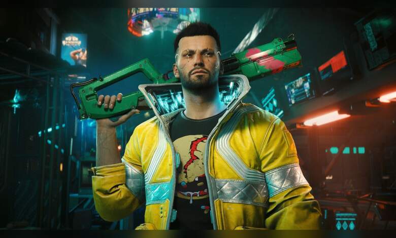 Bureau de développement jeu vidéo avec écrans, clavier mécanique, cartes graphiques et code Cyberpunk 2 en arrière-plan