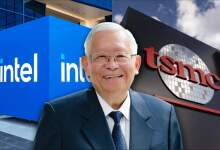 Porcelaine de puce TSMC macro photo d’un wafer semi-conducteur circulaire avec motifs de matrices, sombre, focus sur microstructures