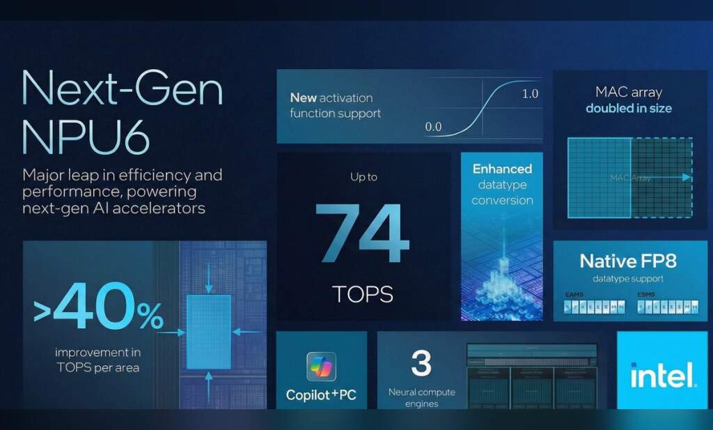Schéma processeur Intel Nova Lake avec NPU jusqu’à 74 TOPS, architecture CPU/GPU, accélération IA pour PC de bureau