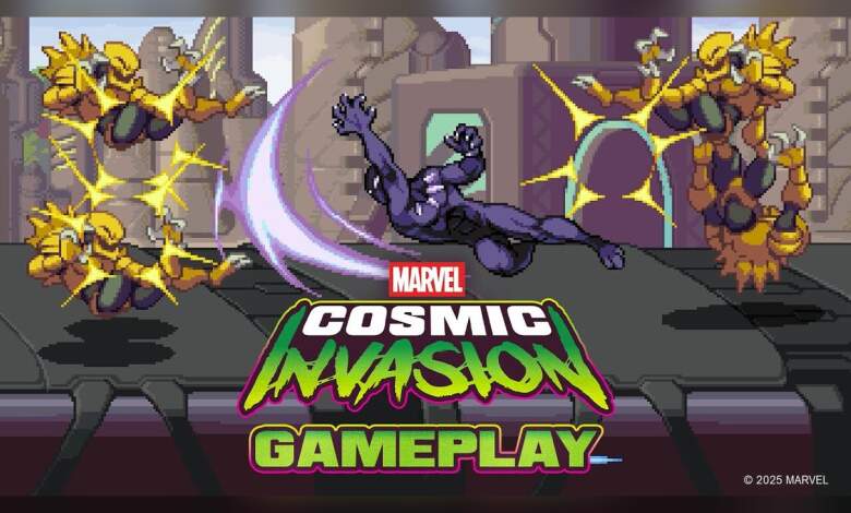 Affiche promotionnelle Marvel Cosmic Invasion montrant vaisseaux spatiaux et effets visuels haute définition, design graphique, rendu 3D, textures et éclairage