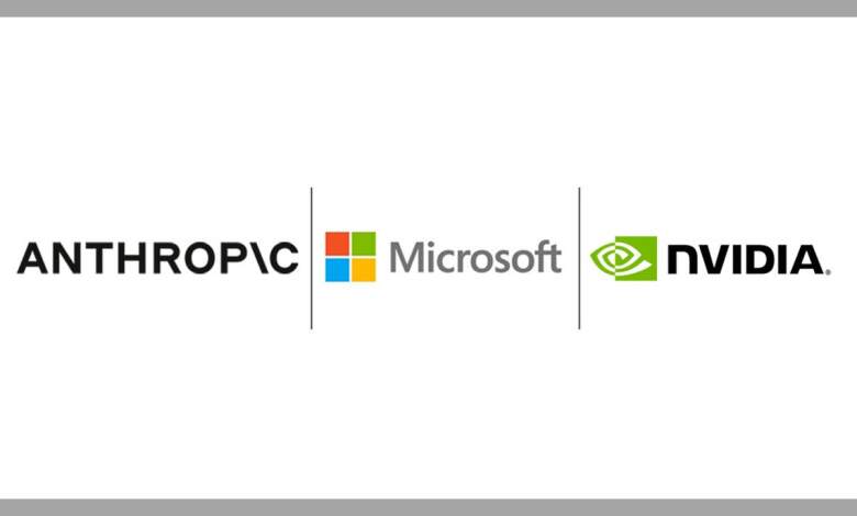 Logos Microsoft NVIDIA et Anthropic sur fond technologique illustrant partenariat Claude et Azure, serveurs et puces GPU
