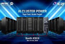 Serveur MiTAC MI355X dans rack IA/HPC avec refroidissement liquide, composants haute densité et ventilation ORv3