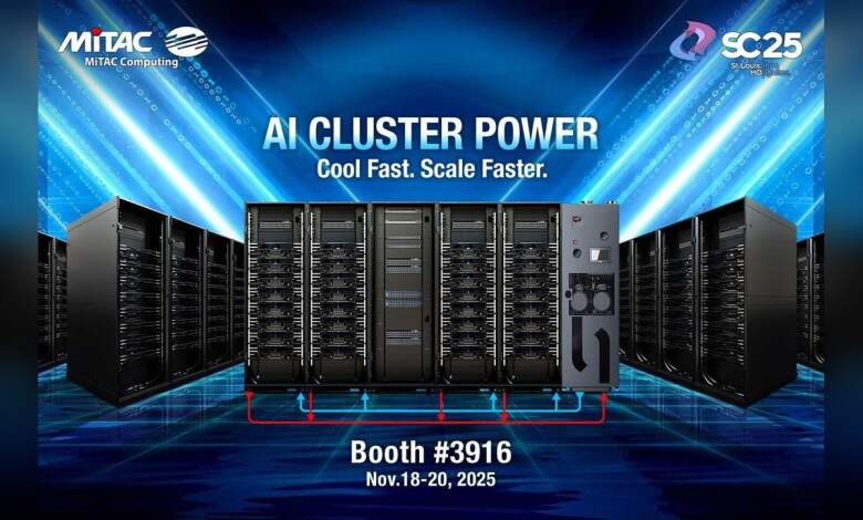 Serveur MiTAC MI355X dans rack IA/HPC avec refroidissement liquide, composants haute densité et ventilation ORv3