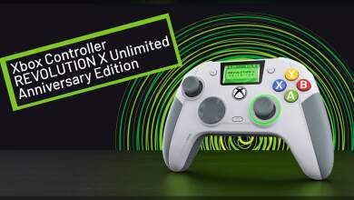 Manette Nacon Revolution X Unlimited édition anniversaire Xbox 360, vue frontale boutons, joysticks, gâchettes et design rétro